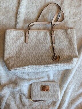 Michael Kors Cream and gold Logo Tote with Gold MK Charm & Matching Wallet